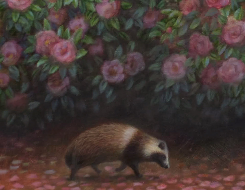 プリント - たぬきと山茶花 / Raccoon dog and sasanqua