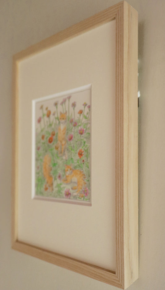 ドローイング(木製額付) 百日草と三兄弟