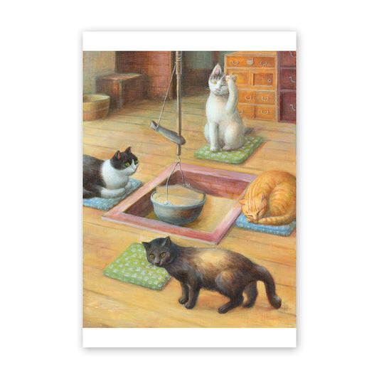 猫ポストカード - 囲炉裏を囲んで