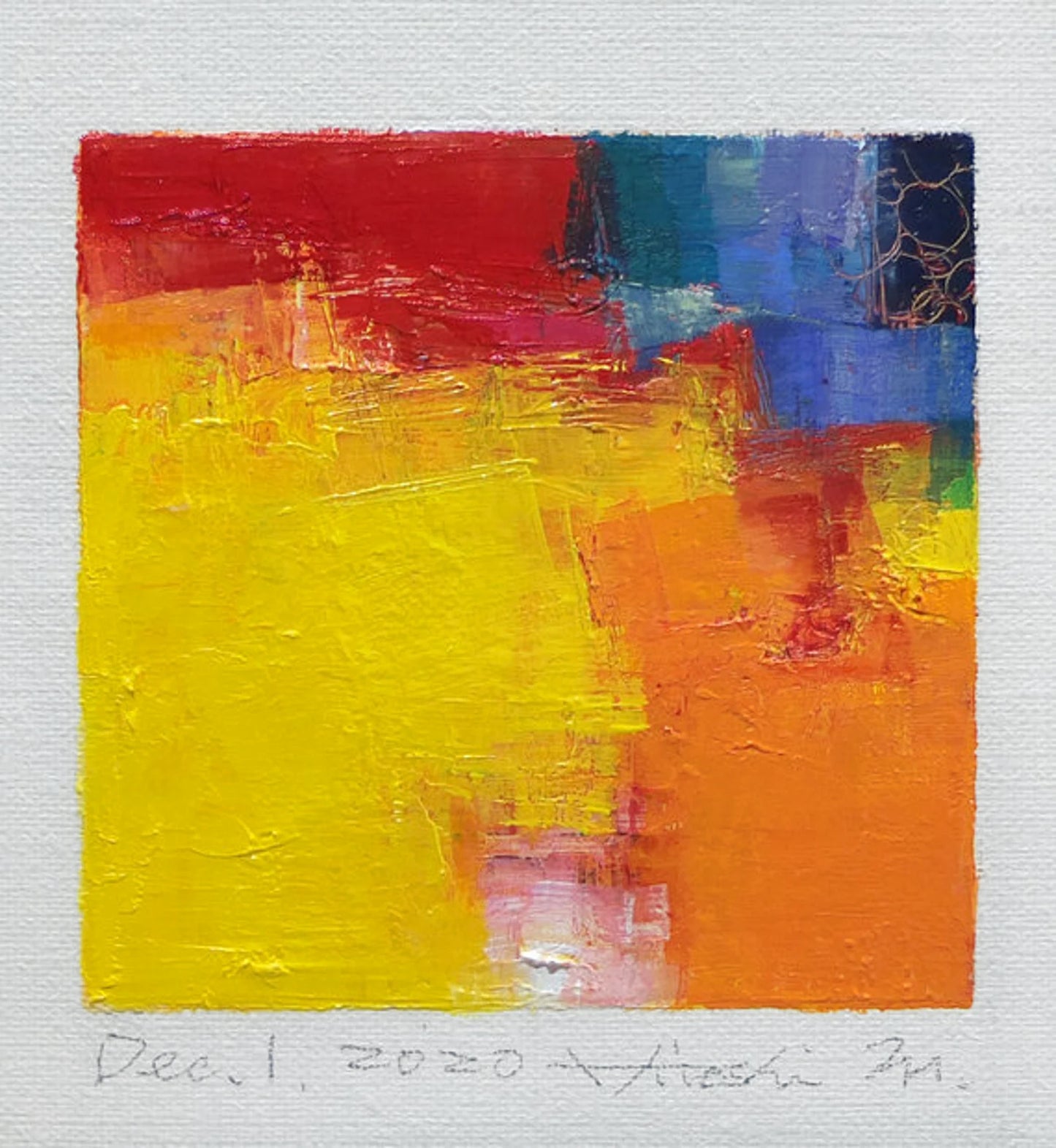 Dec. 1, 2020 - Original Abstract Oil Painting - 9x9 painting (9 cm x 9 cm/4” x 4”) with mat 8”x10” or with original white frame 8.9”x8.9”