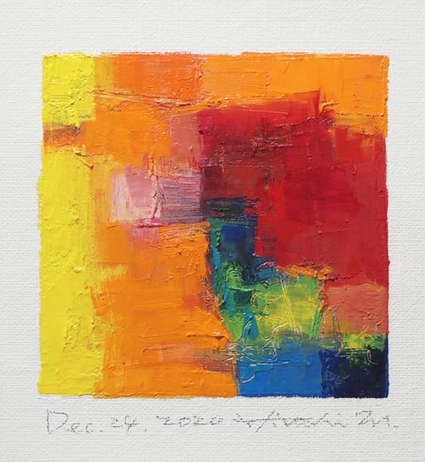 Dec. 24, 2020 - Original Abstract Oil Painting - 9x9 painting (9 cm x 9 cm/4” x 4”) with mat 8”x10” or with original white frame 8.9”x8.9”