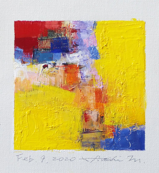 Feb. 9, 2020 - Original Abstract Oil Painting - 9x9 painting (9 cm x 9 cm/4” x 4”) with mat 8”x10” or with original white frame 8.9”x8.9”