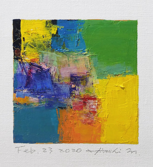 Feb. 23, 2020 - Original Abstract Oil Painting - 9x9 painting (9 cm x 9 cm/4” x 4”) with mat 8”x10” or with original white frame 8.9”x8.9”