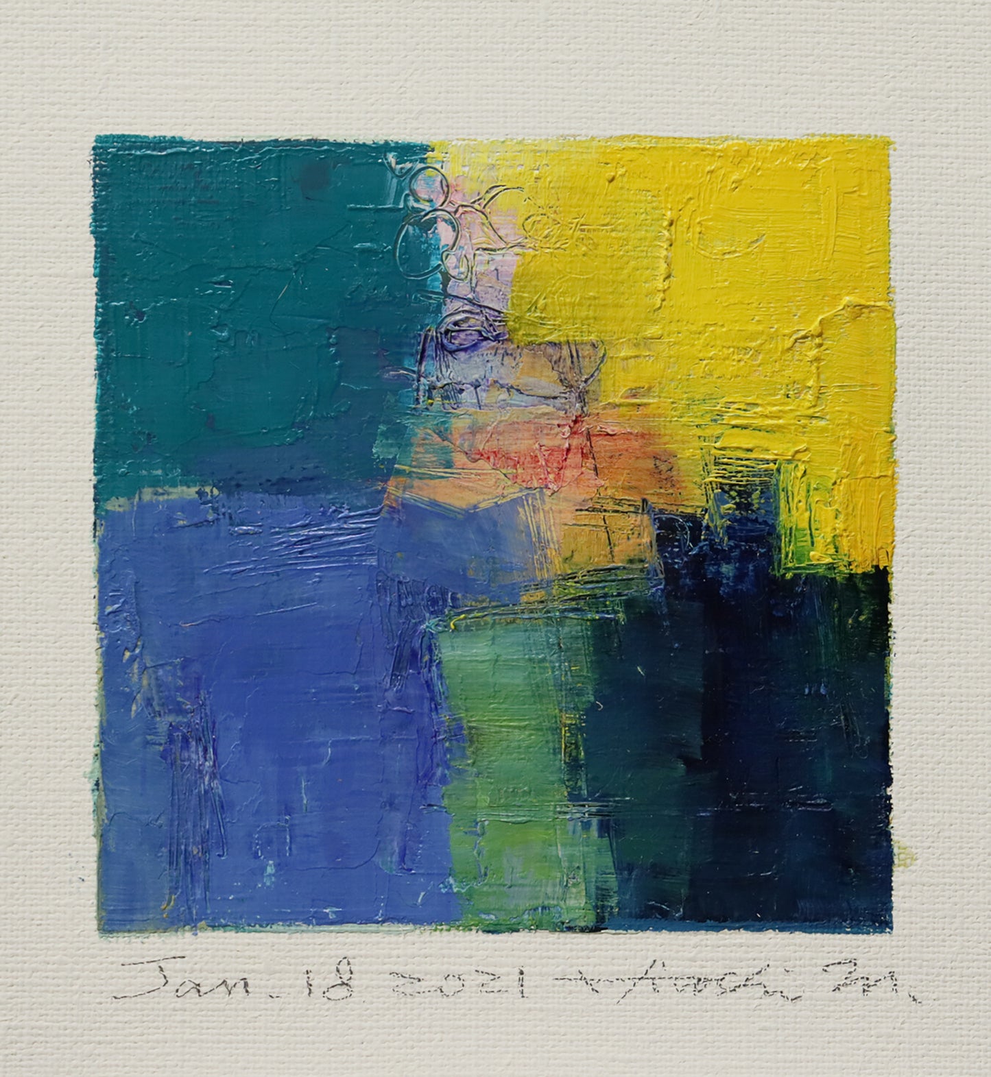 Jan. 18, 2021 - Original Abstract Oil Painting - 9x9 painting (9 cm x 9 cm/4” x 4”) with mat 8”x10” or with original white frame 8.9”x8.9”