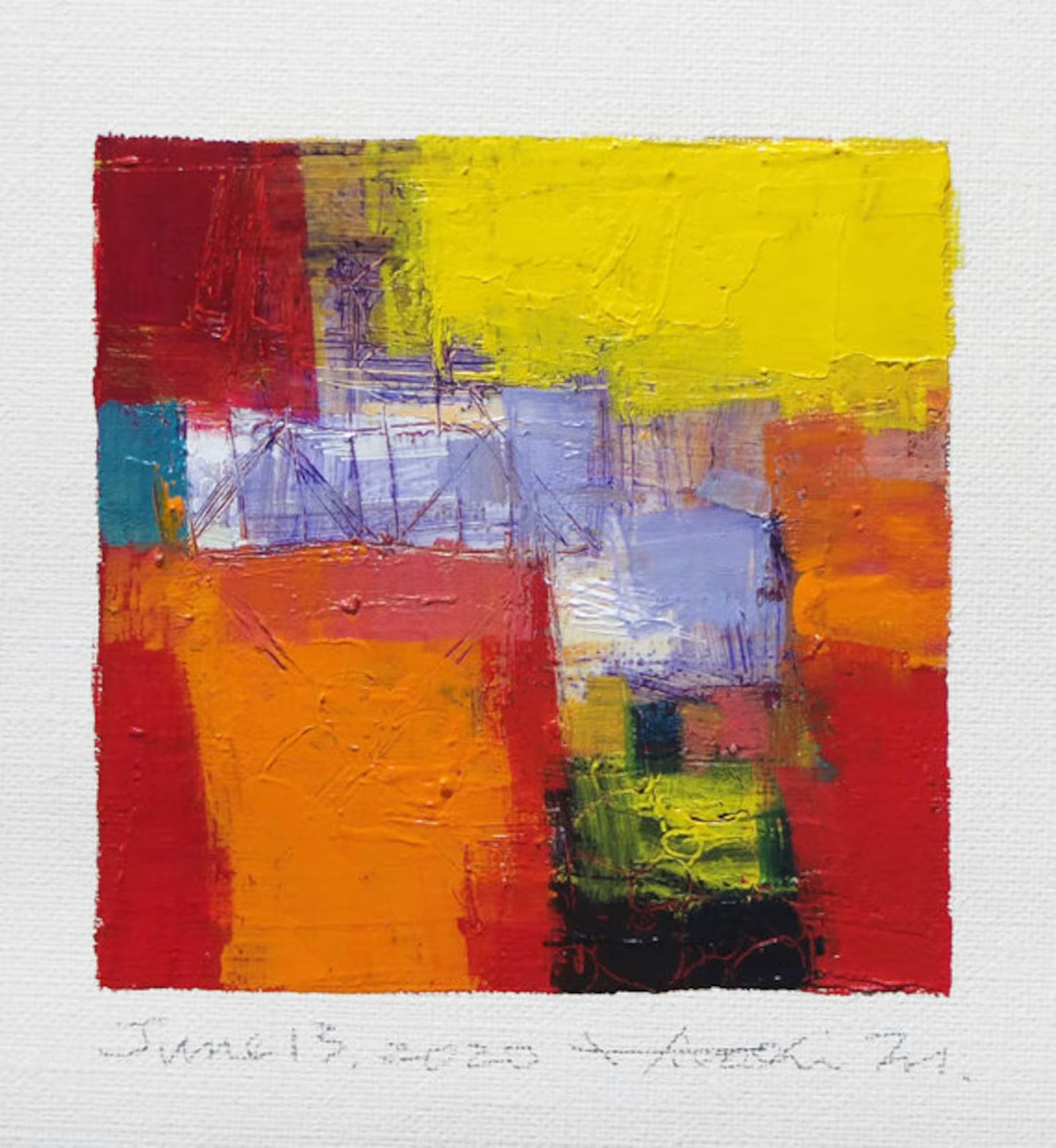 June 13, 2020 - Original Abstract Oil Painting - 9x9 painting (9 cm x 9 cm/4” x 4”) with mat 8”x10” or with original white frame 8.9”x8.9”