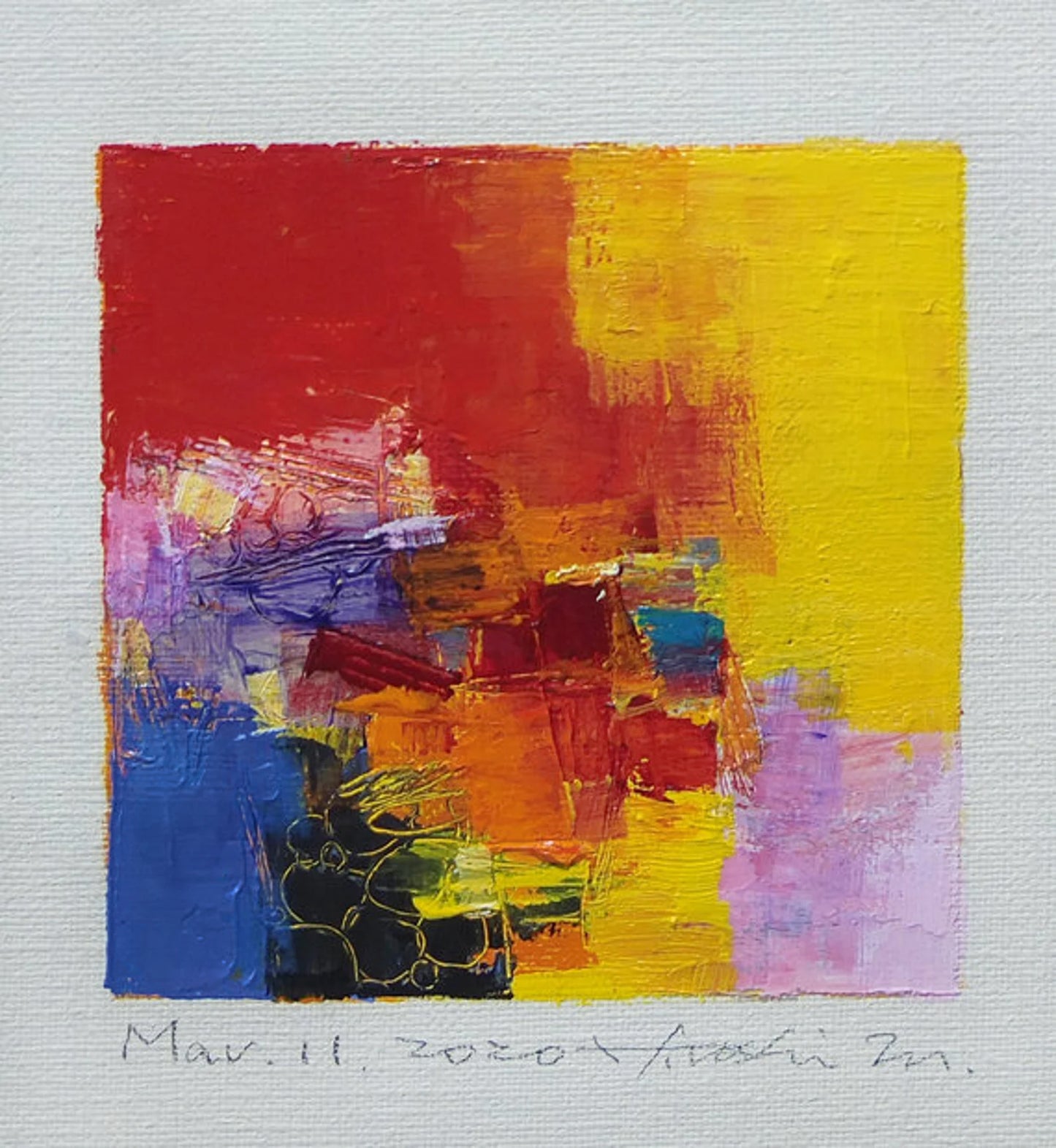 Mar. 11, 2020 - Original Abstract Oil Painting - 9x9 painting (9 cm x 9 cm/4” x 4”) with mat 8”x10” or with original white frame 8.9”x8.9”