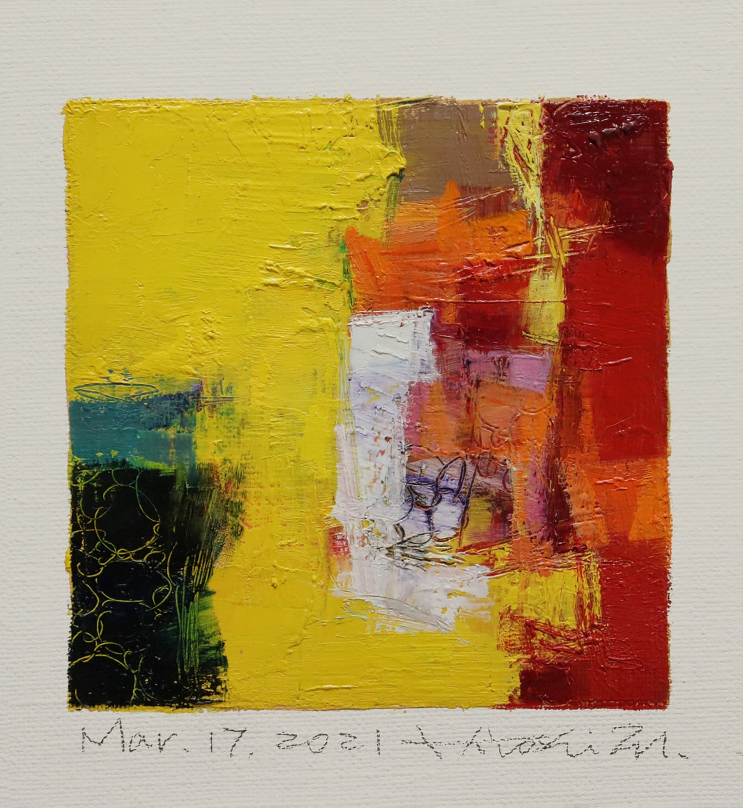 Mar. 17, 2021 - Original Abstract Oil Painting - 9x9 painting (9 cm x 9 cm/4” x 4”) with mat 8”x10” or with original white frame 8.9”x8.9”