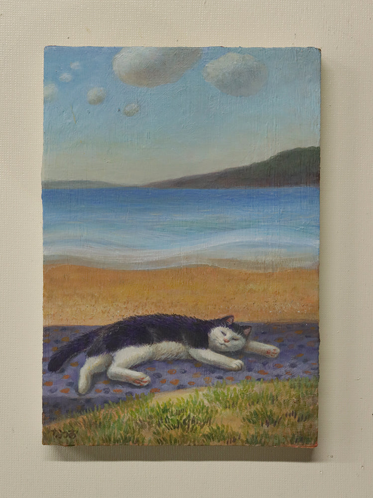 油彩画　海辺で昼寝