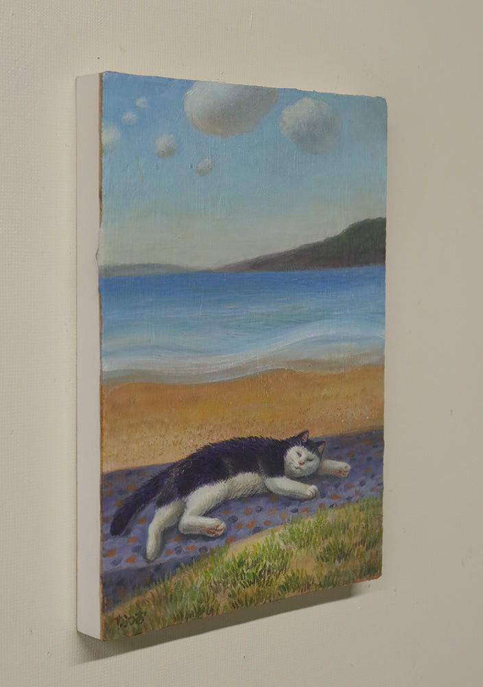 油彩画　海辺で昼寝